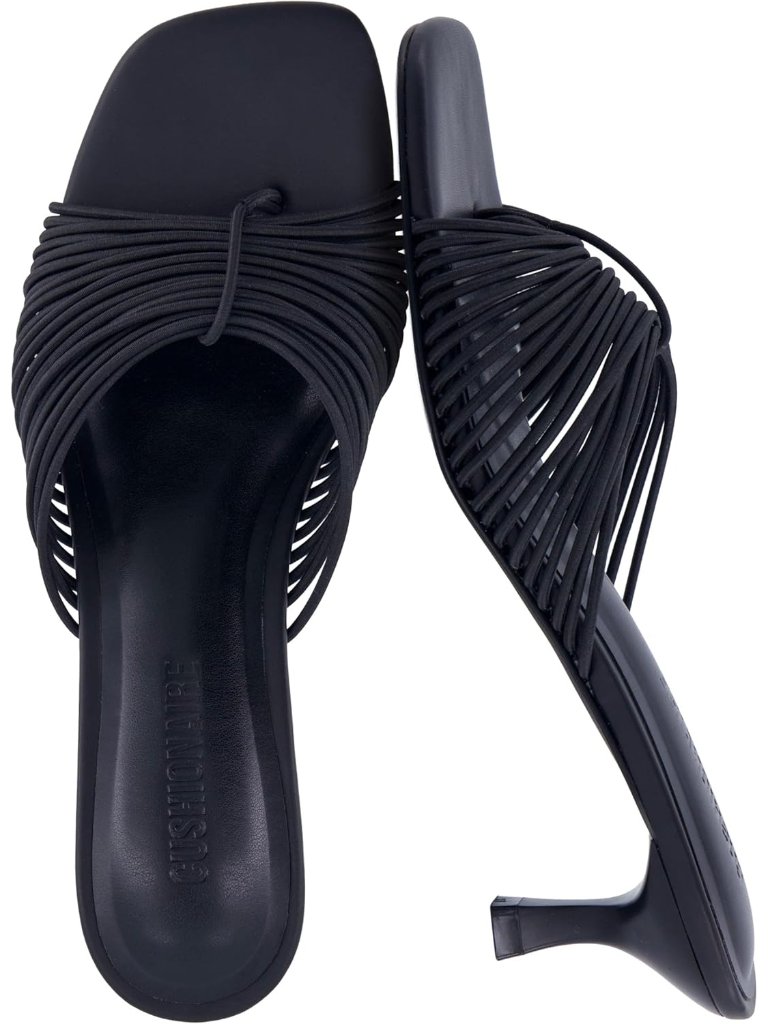 Women's Black Kitten Heel Strappy Heel Sandal Cushioned Footbed Slip On Open Toe